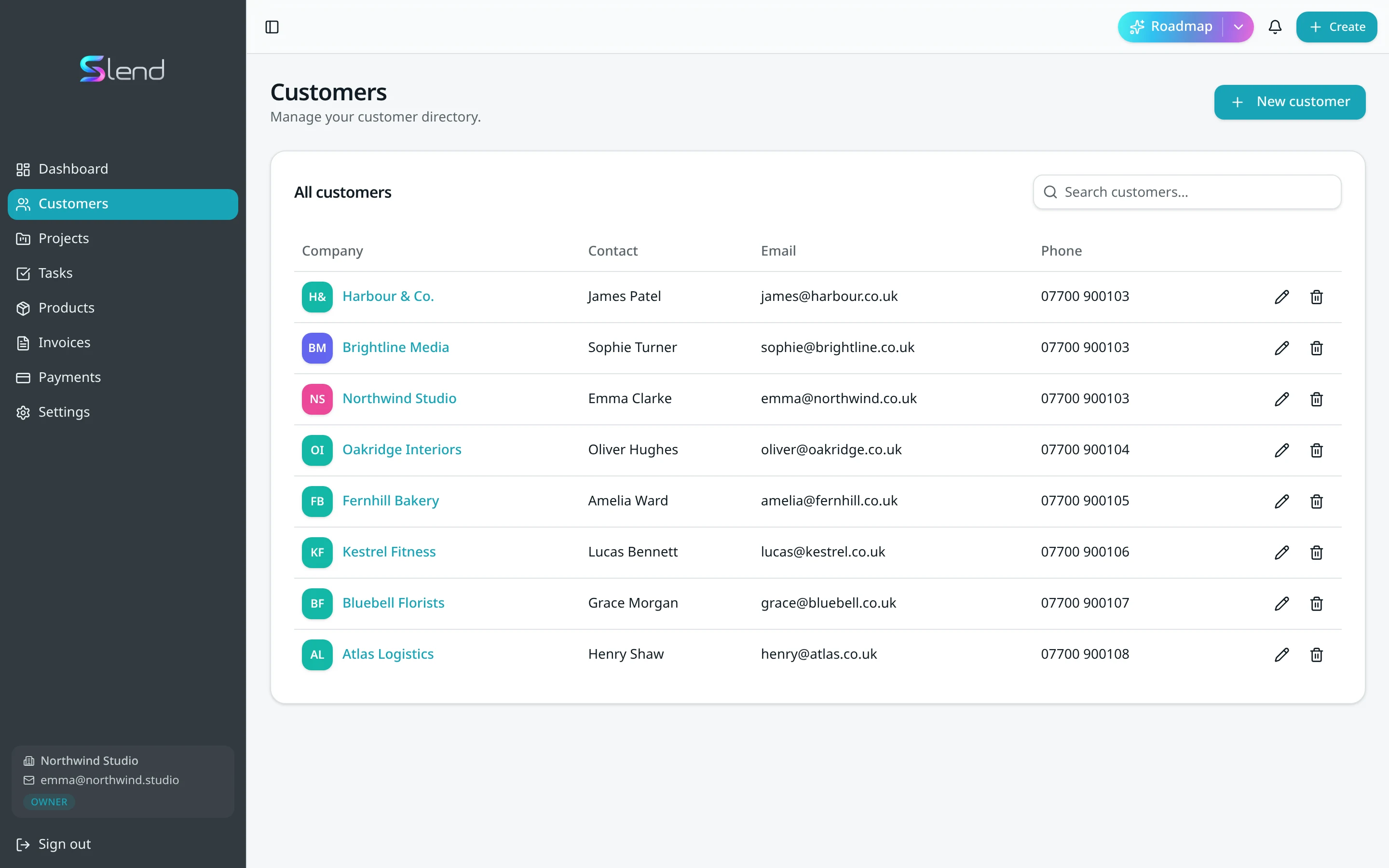 Slend Customers screen with sample data
