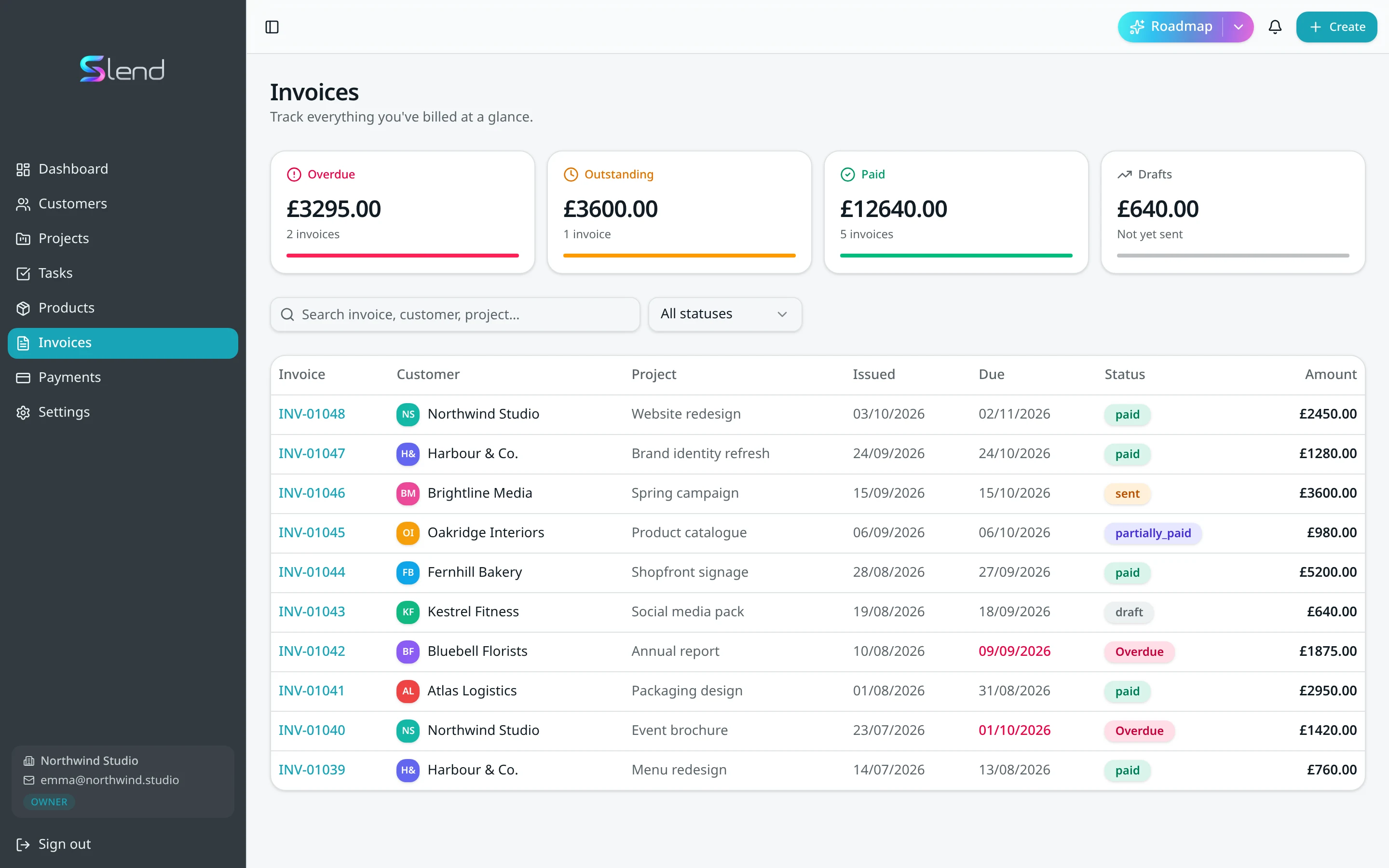 Slend Invoicing screen with sample data