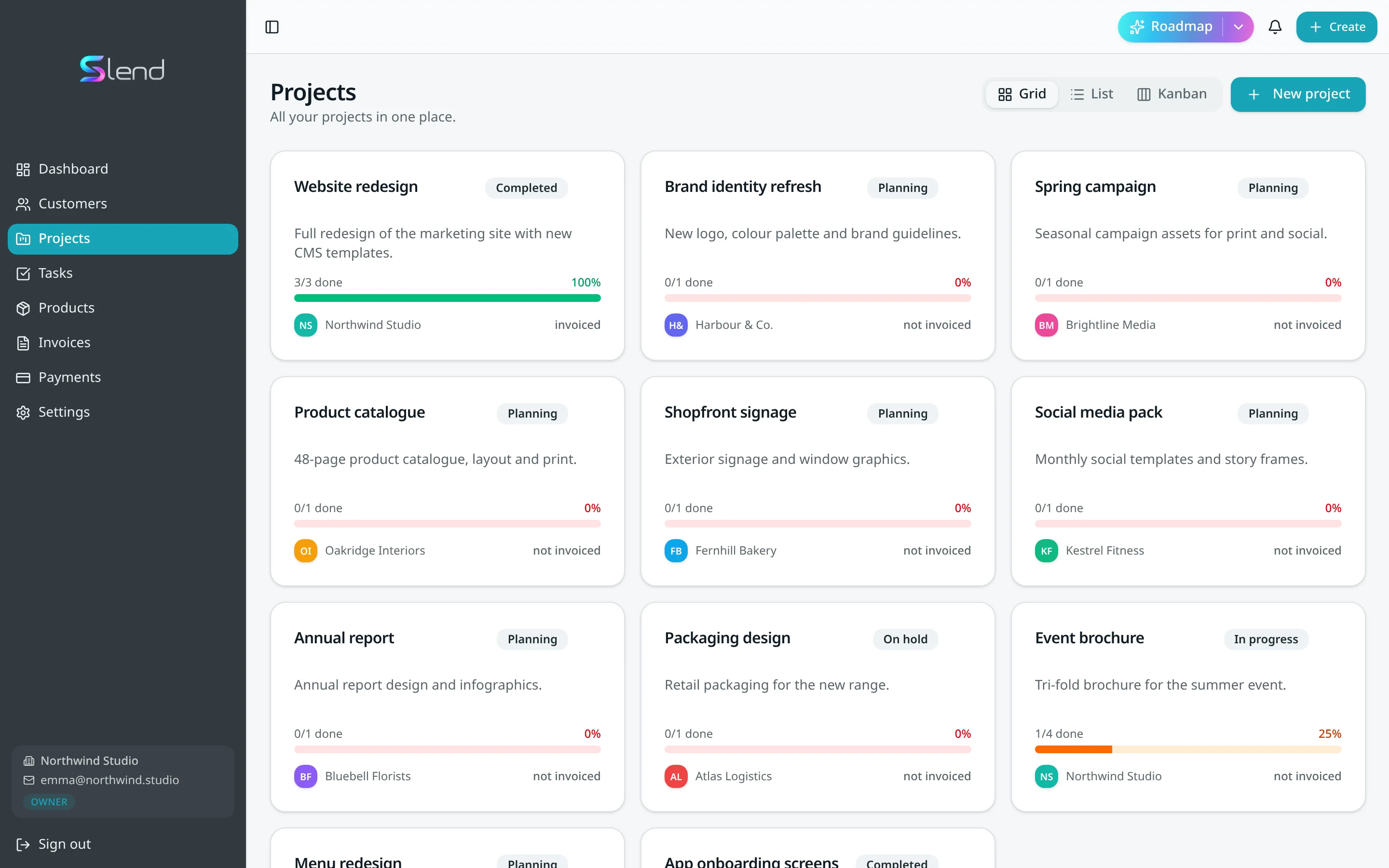 Slend Projects screen with sample data